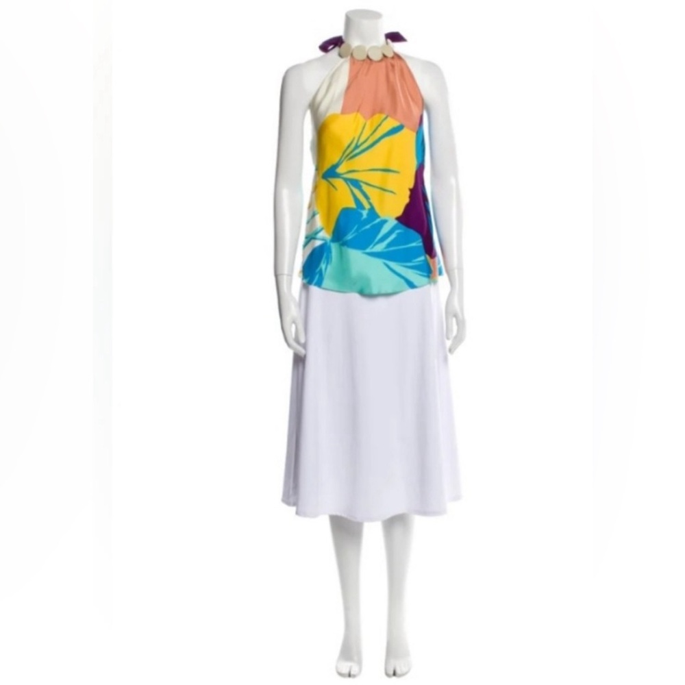 TIBI Floral Printed Embellished Silk Tunic Halter neck Sleeveless Top Size 4
